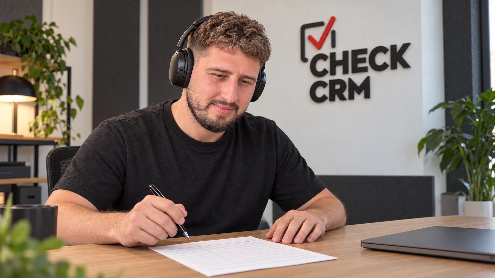 Николай прослушивает запись и проверяет контрольный лист в студии CHECK CRM