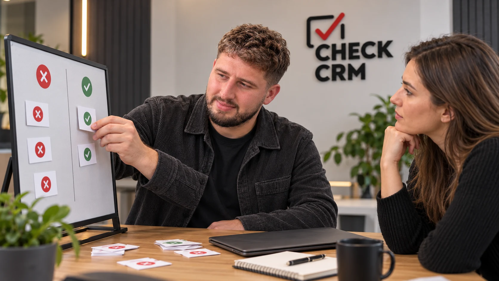Николай Чекунов разбирает маршруты обращений на магнитной доске в студии CHECK CRM